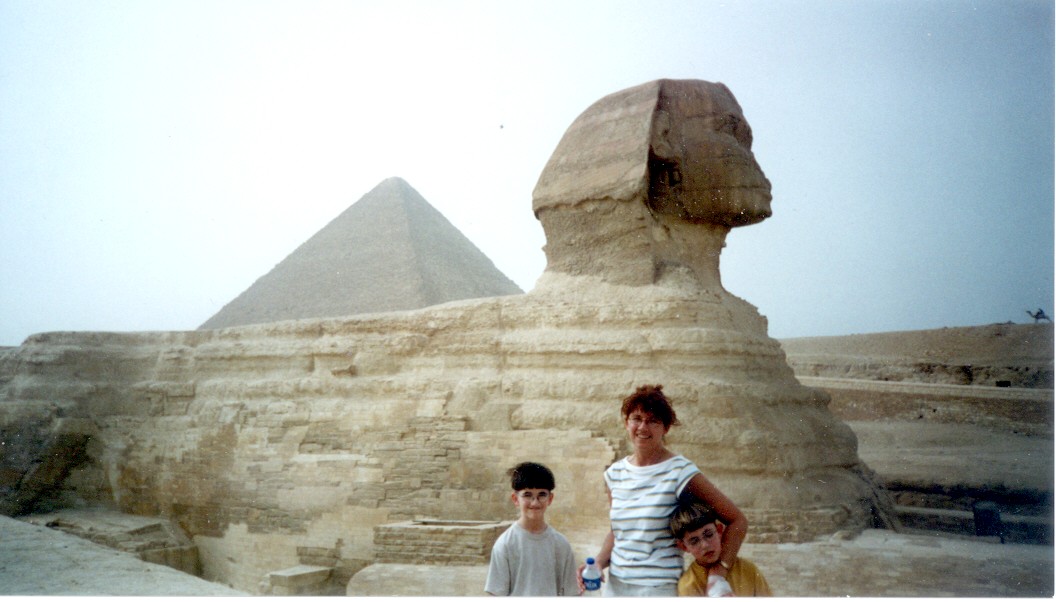 The Sphinx, carved from a single stone in the quarry Chephren used when building his tomb (Chephren was the son of Cheops). Really, no one knows who built the Sphinx or why it was built.